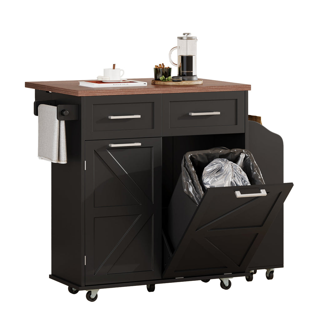 K&K 47.2' Farmhouse Kitchen Island with Drop Leaf, Kitchen Storage Island with Removable Side Racks, Two Drawers, Rolling Kitchen Cart on Wheels with Towel Rack, for Home, Kitchen, Dining Room, Black