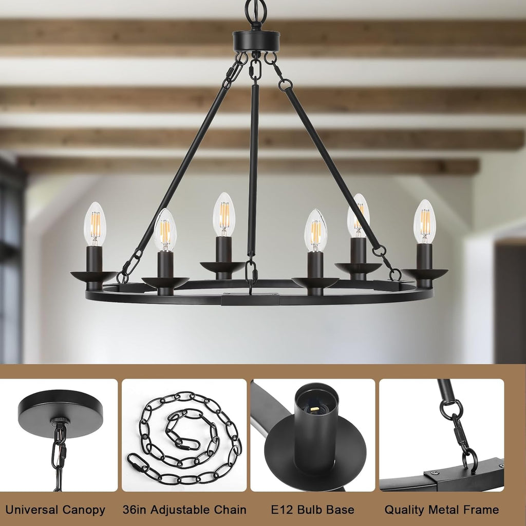 Black Farmhouse Wagon Wheel Chandelier Six Light Fixture