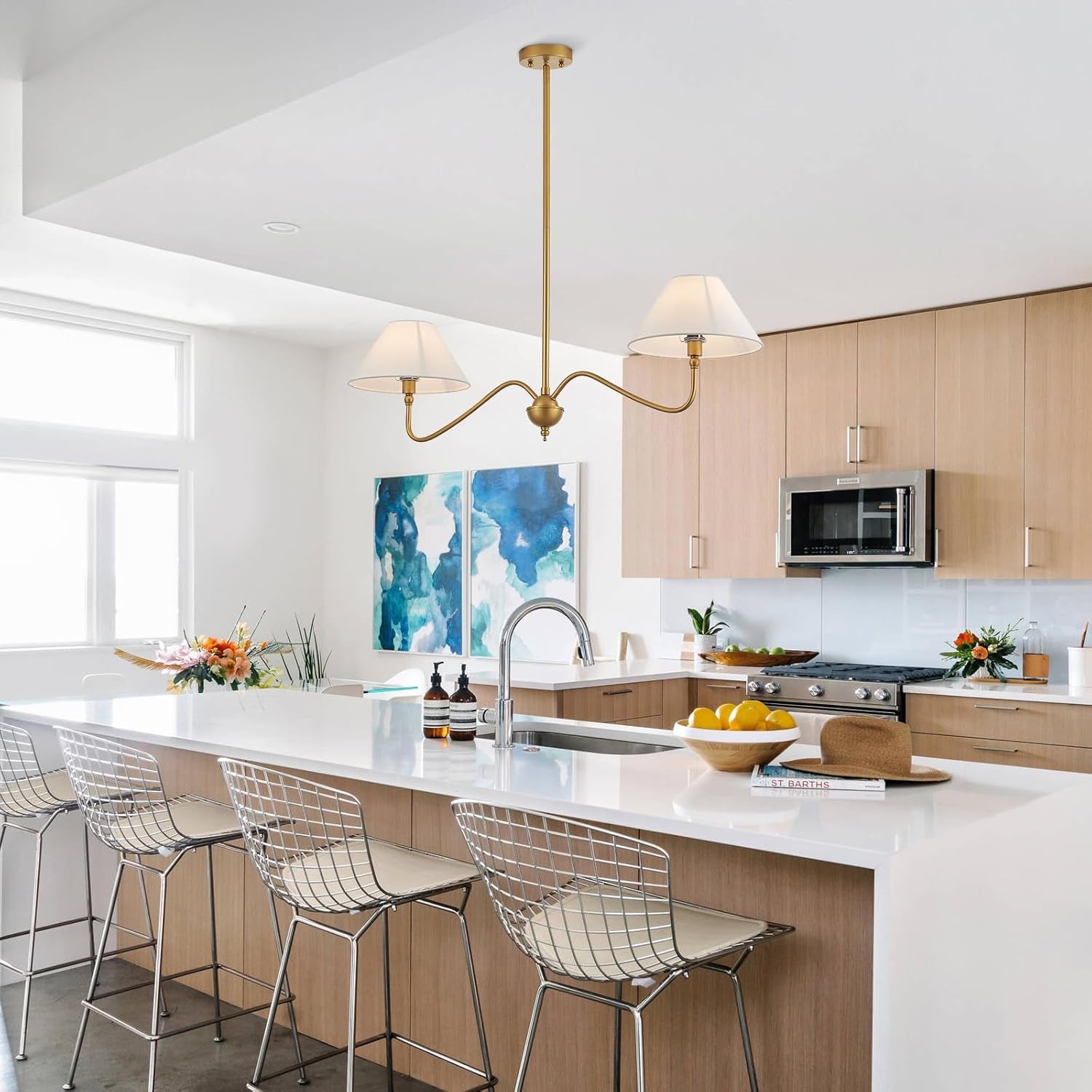 Goldtone Linear 2 Light Chandelier For Kitchen Island