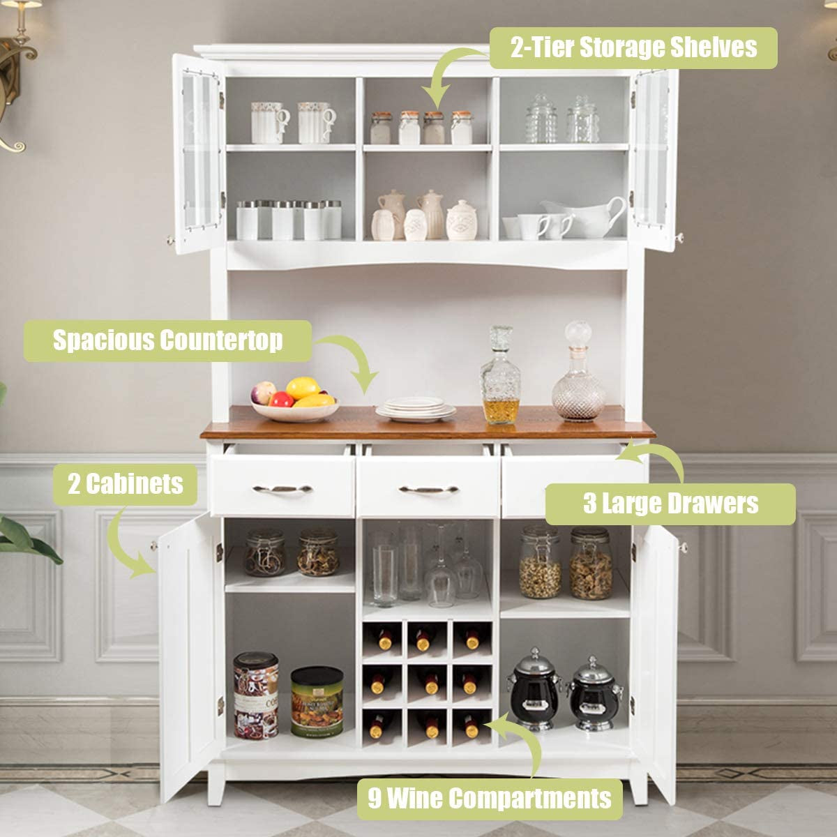 White Kitchen Hutch Sideboard With Built In Wine Rack