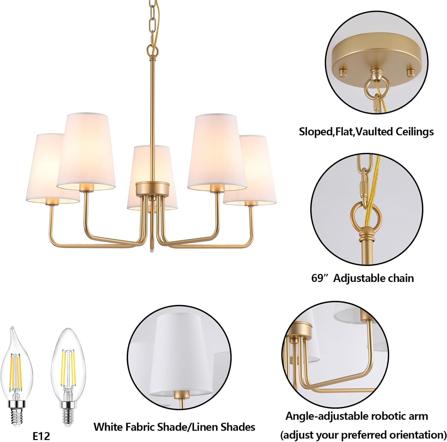 Five Light Gilded Farmhouse Chandelier With White Shades
