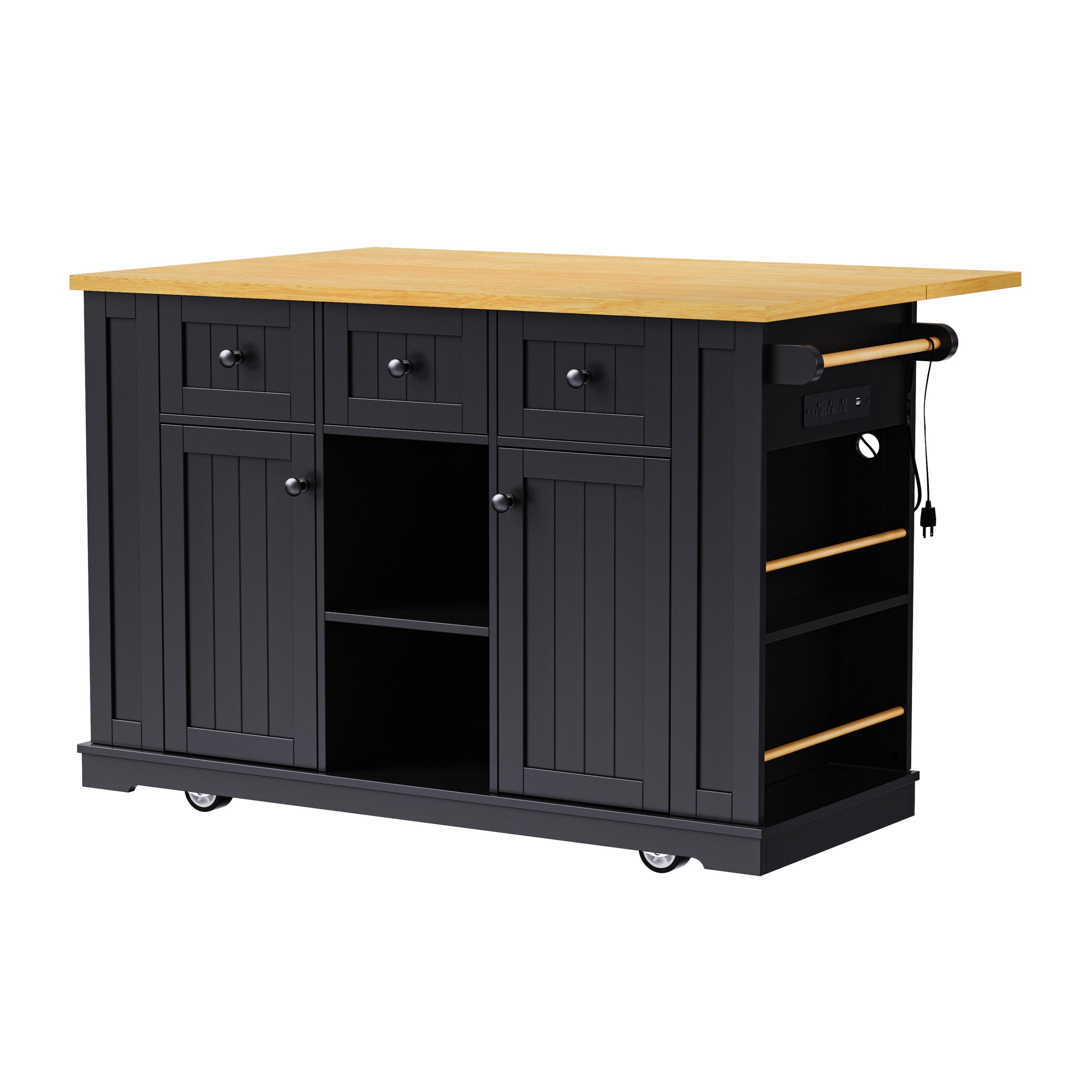 K&K 53inch Large Kitchen Island with 2 Bar Stools, Power Outlet,Door Internal Storage Rack, Kitchen Storage Cart on 5 Wheels with Drop Leaf, 5 Open Side Racks, 3 Drawers, for Kitchen,Dining Room,Black