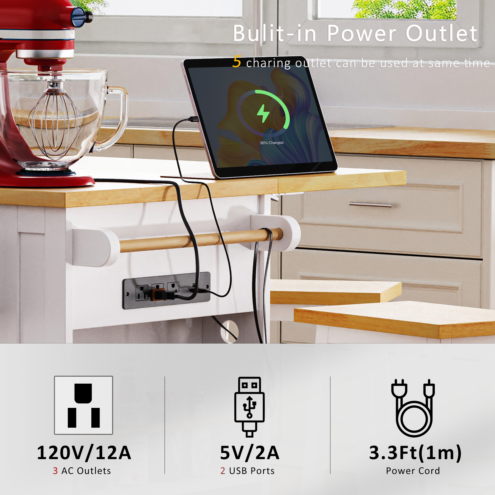 K&K 53inch Large Kitchen Island with 2 Bar Stools, Power Outlet,Door Internal Storage Rack, Kitchen Storage Cart on 5 Wheels with Drop Leaf, 5 Open Side Racks, 3 Drawers, for Kitchen,Dining Room,White