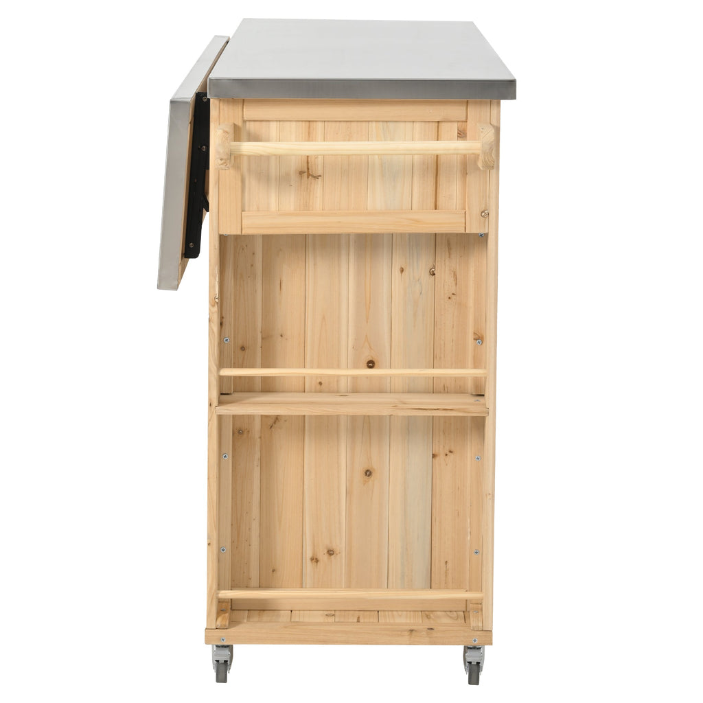 Outdoor Kitchen Island Fir Wood Kitchen Island with Stainless Steel Top, Ample Storage Space, Towel and Spice Racks, Bottle Opener, Natural