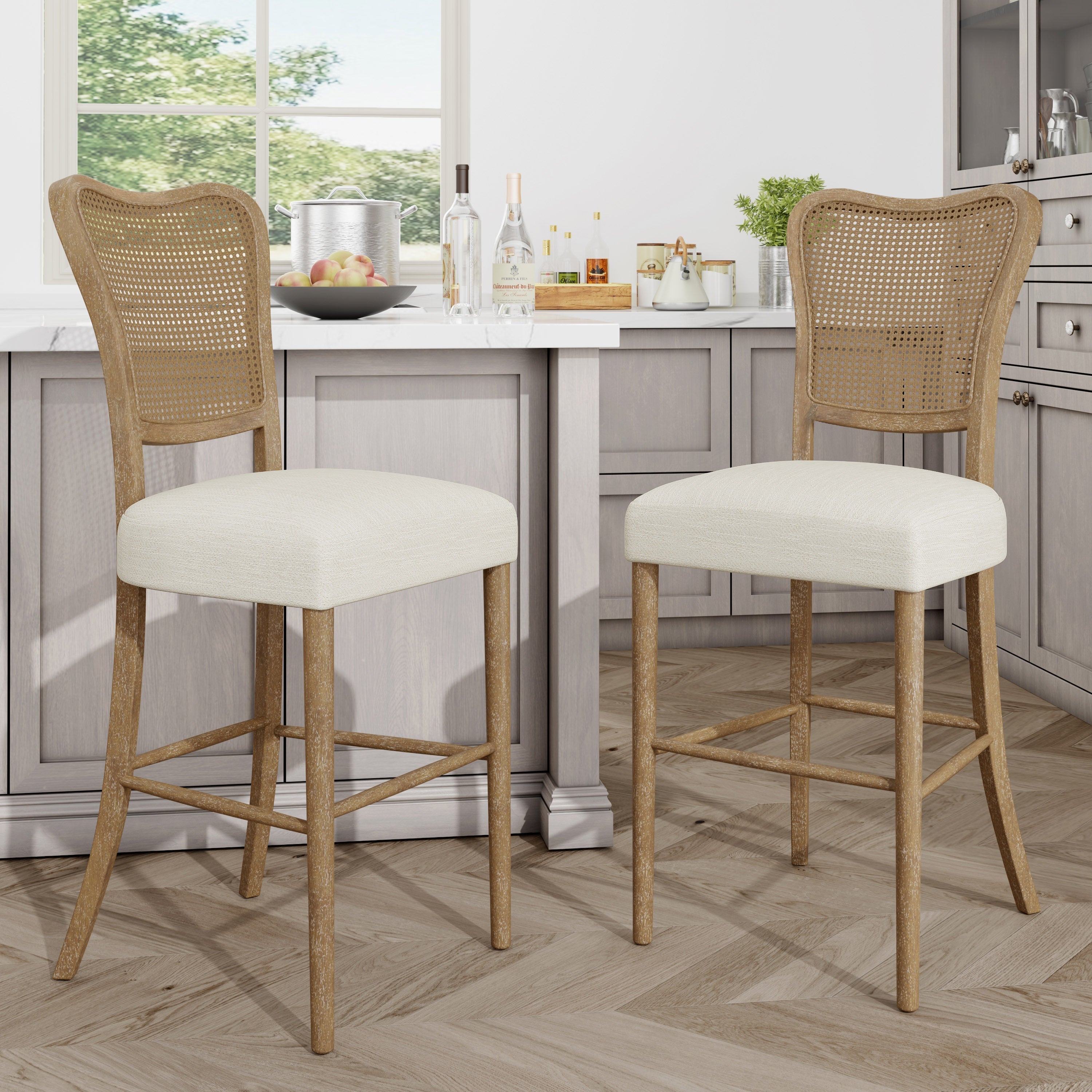 Cane-Back Upholstered Bar Stools Set of 2