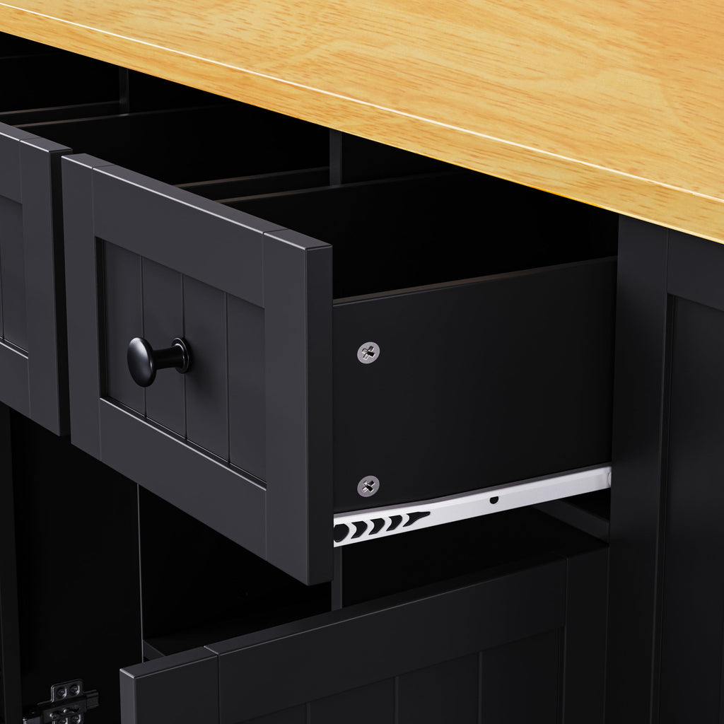 K&K 53inch Large Kitchen Island with 2 Bar Stools, Power Outlet,Door Internal Storage Rack, Kitchen Storage Cart on 5 Wheels with Drop Leaf, 5 Open Side Racks, 3 Drawers, for Kitchen,Dining Room,Black