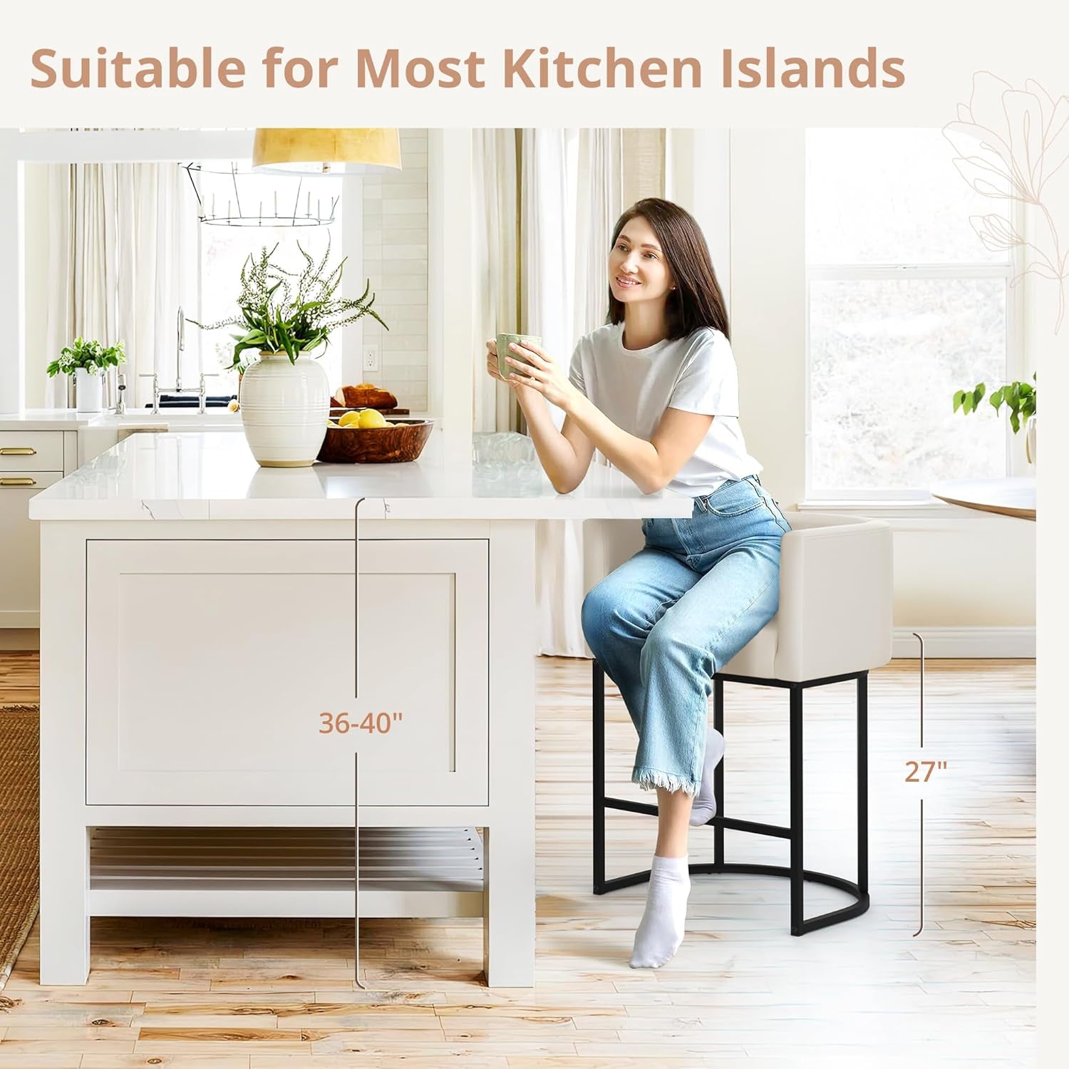 27 Inch Height Modern Barrel Counter Stool Antique White Bar Stool For Kitchen Island