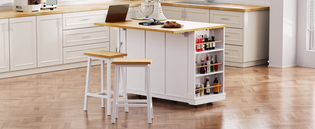 K&K 53inch Large Kitchen Island with 2 Bar Stools, Power Outlet,Door Internal Storage Rack, Kitchen Storage Cart on 5 Wheels with Drop Leaf, 5 Open Side Racks, 3 Drawers, for Kitchen,Dining Room,White