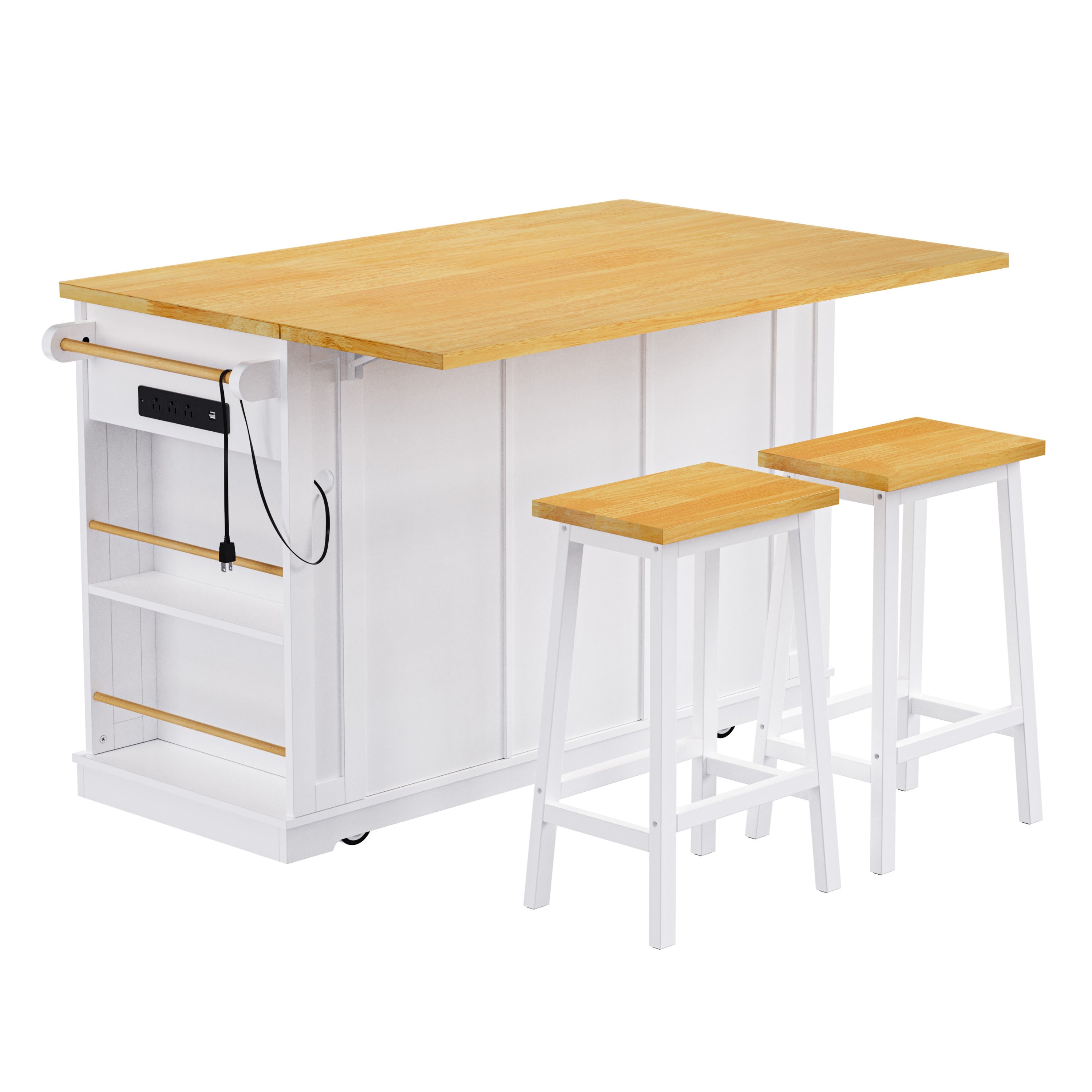 K&K 53inch Large Kitchen Island with 2 Bar Stools, Power Outlet,Door Internal Storage Rack, Kitchen Storage Cart on 5 Wheels with Drop Leaf, 5 Open Side Racks, 3 Drawers, for Kitchen,Dining Room,White