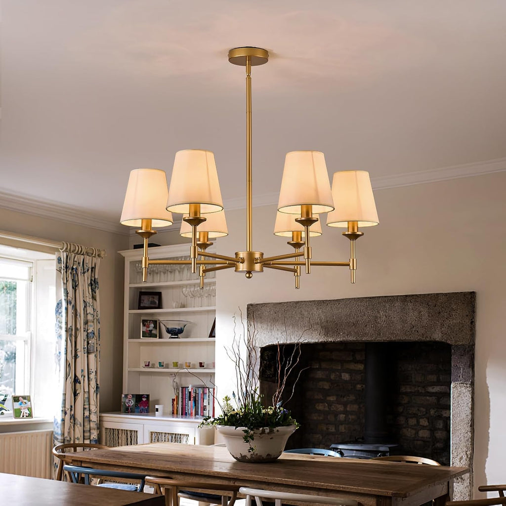 Gold Farmhouse Chandelier 6 Light Linen Shade Fixture