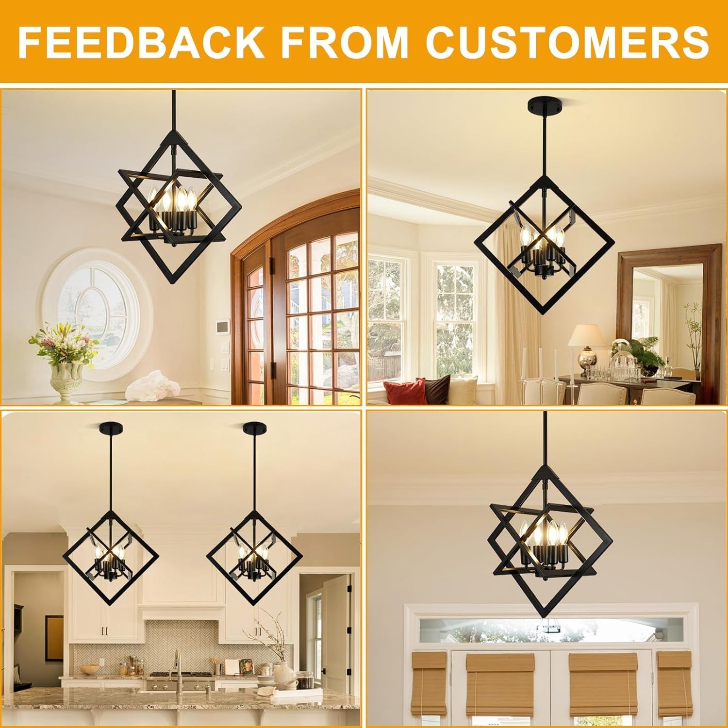 18 Inch Black Geometric Industrial Farmhouse Chandelier With 4 Lights Adjustable Height
