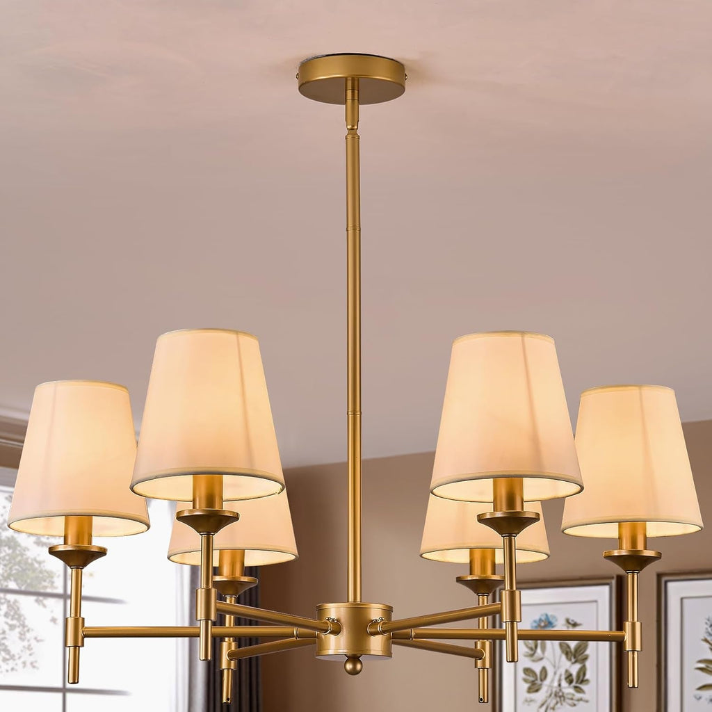 Gold Farmhouse Chandelier 6 Light Linen Shade Fixture