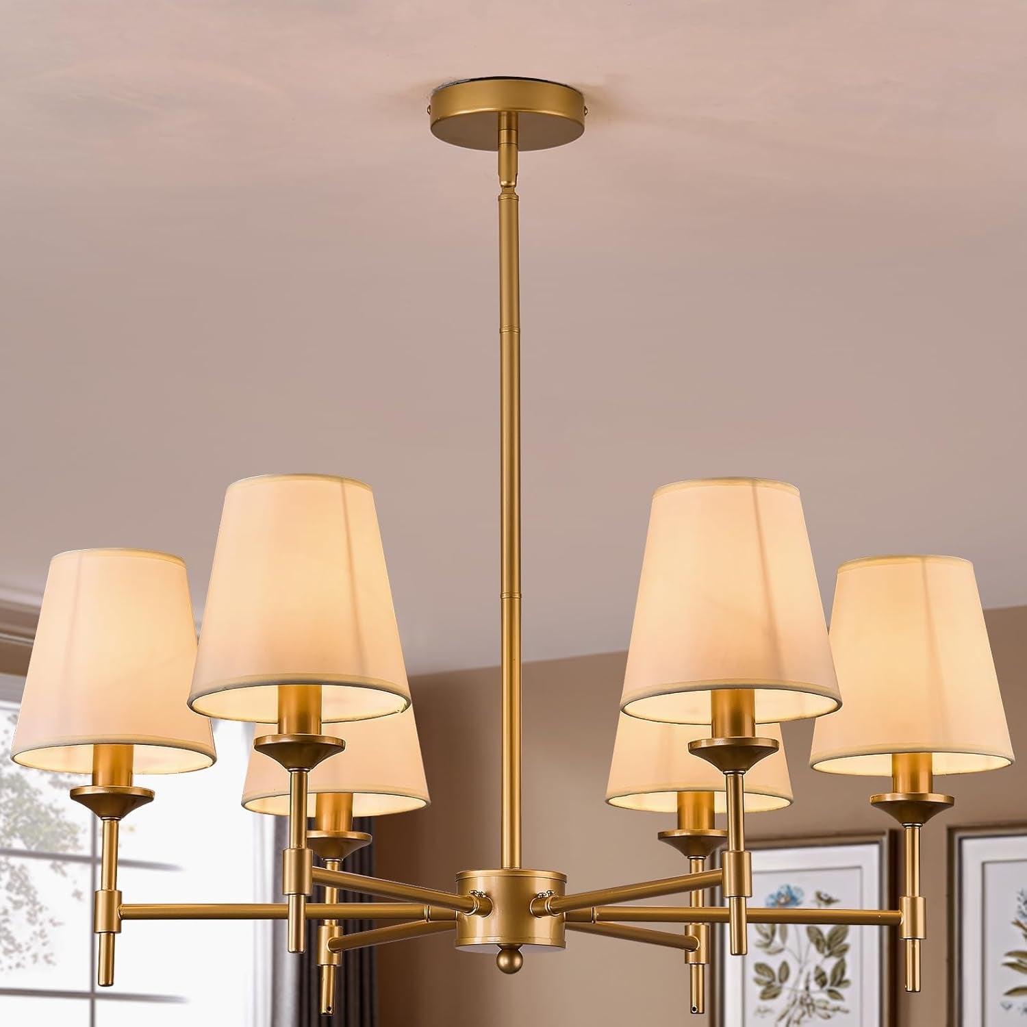 Gold Farmhouse Chandelier 6 Light Linen Shade Fixture