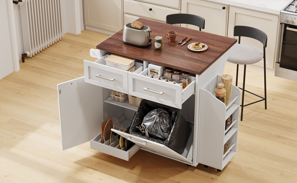 K&K 47.2' Farmhouse Kitchen Island with Drop Leaf, Kitchen Storage Island with Removable Side Racks, Two Drawers, Rolling Kitchen Cart on Wheels with Towel Rack, for Home, Kitchen, Dining Room, White