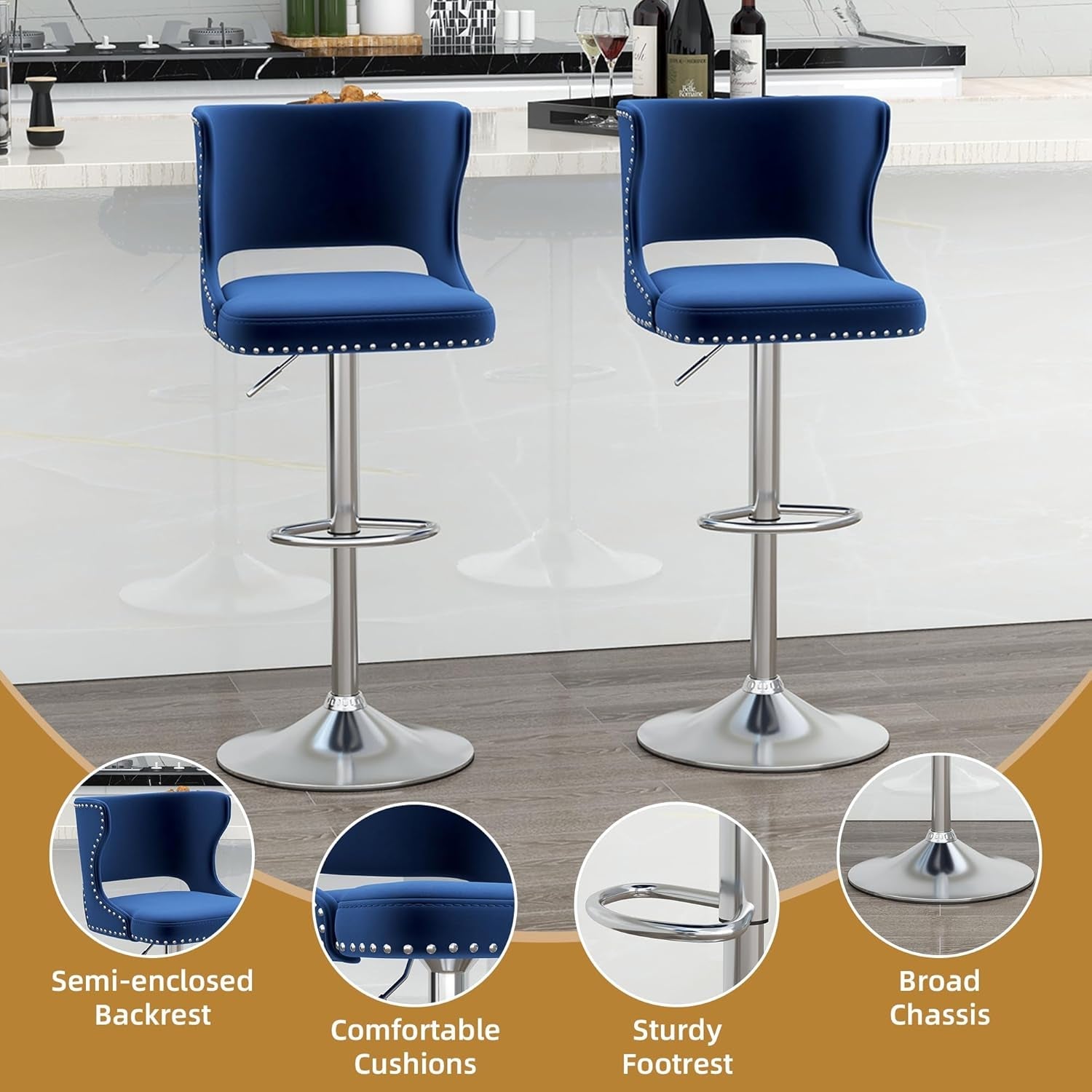 Blue Swivel Bar Stools Set of 4 for Kitchen Island