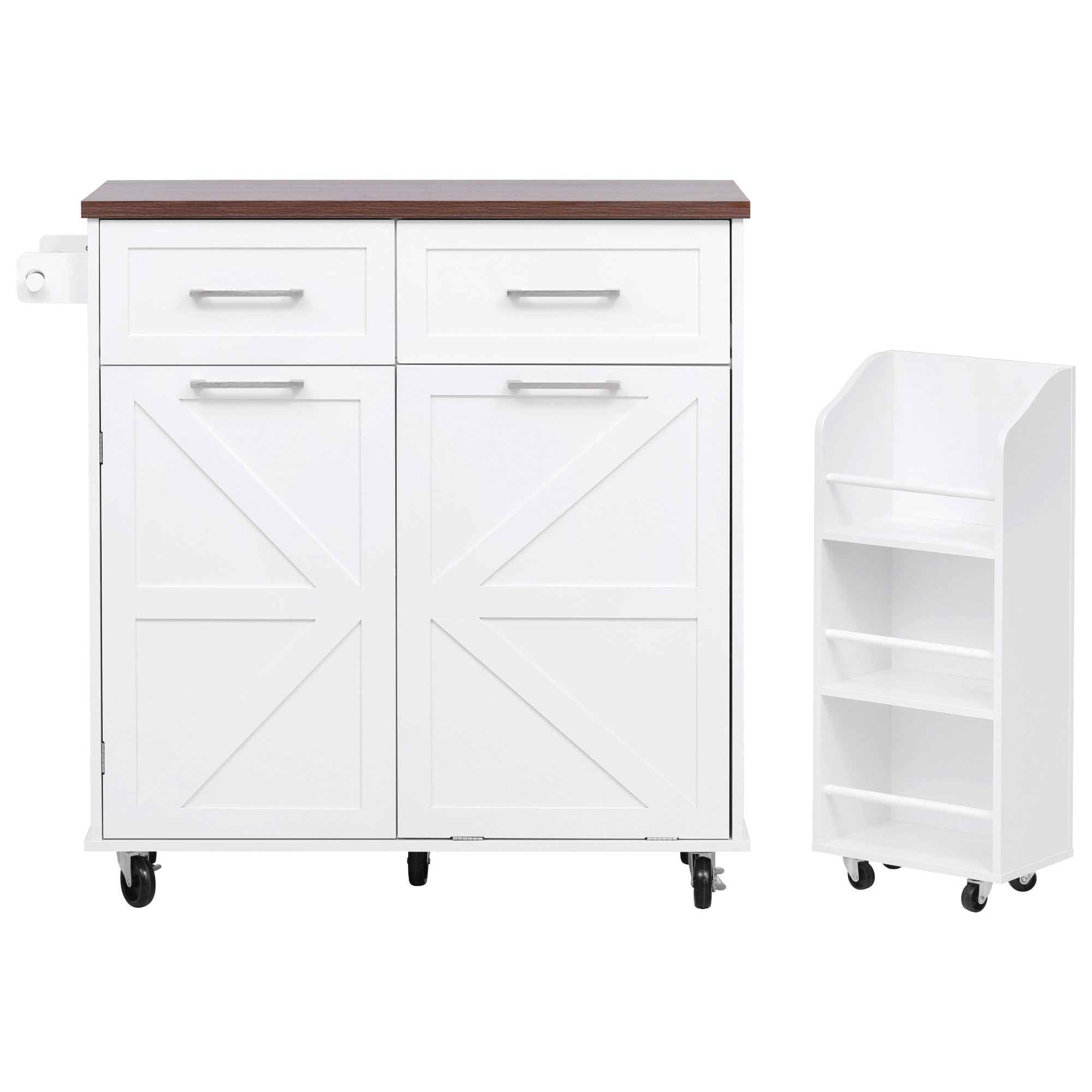 K&K 47.2' Farmhouse Kitchen Island with Drop Leaf, Kitchen Storage Island with Removable Side Racks, Two Drawers, Rolling Kitchen Cart on Wheels with Towel Rack, for Home, Kitchen, Dining Room, White