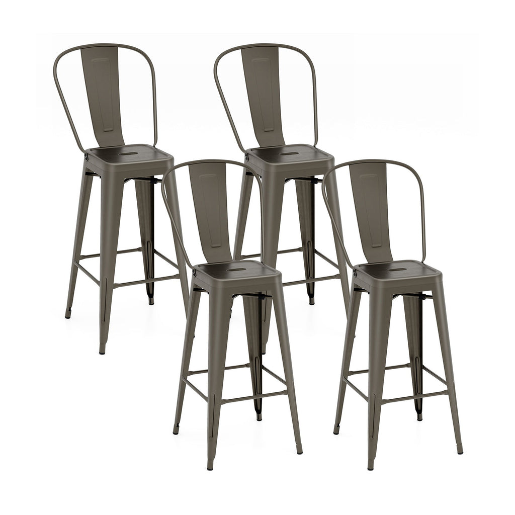 Set of 4 Bar Height Chairs Stackable Metal Bar Stools with Removable Backrest-Gun