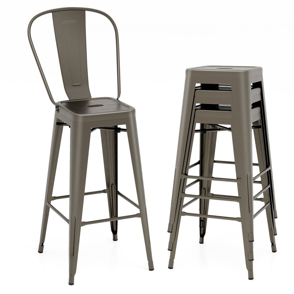 Set of 4 Bar Height Chairs Stackable Metal Bar Stools with Removable Backrest-Gun