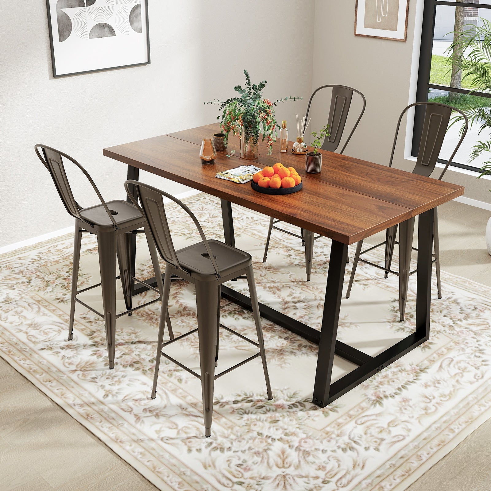 Set of 4 Bar Height Chairs Stackable Metal Bar Stools with Removable Backrest-Gun