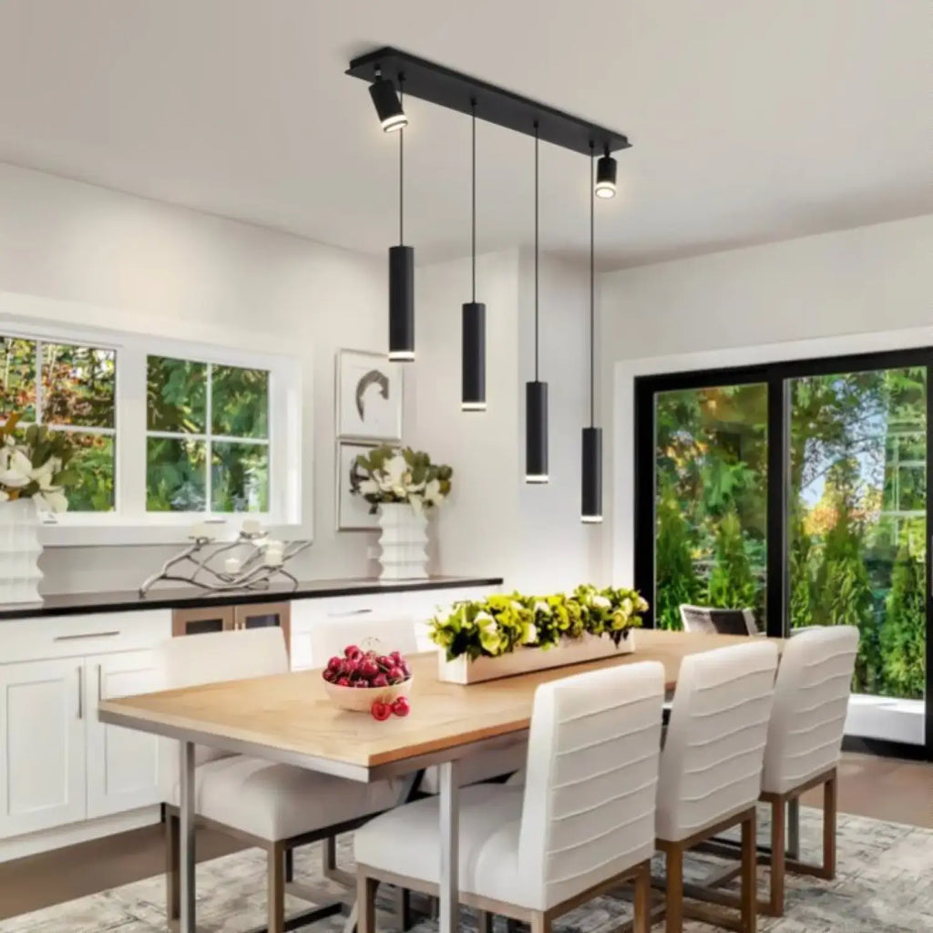 Hanging Light for Modern Kitchen Island with adjustable aluminum spotlights illuminating a dining table.