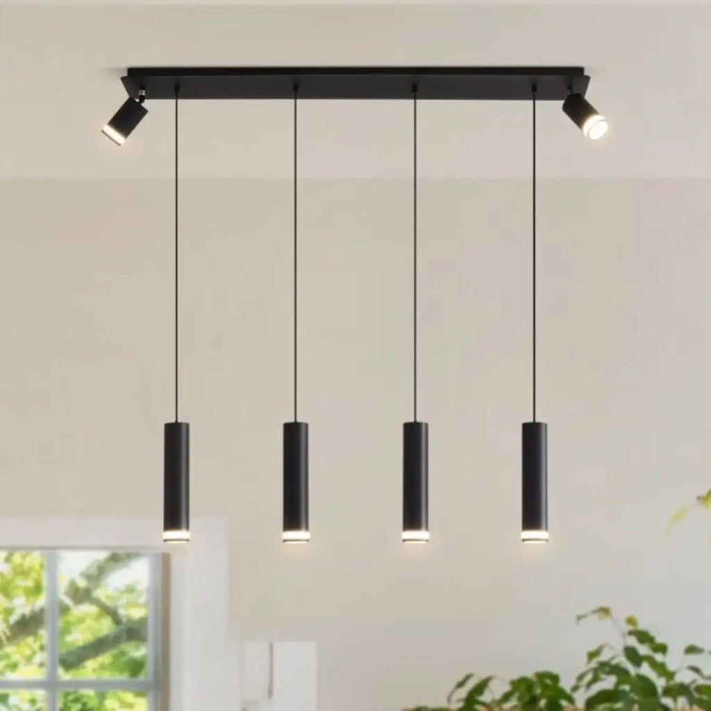Hanging Light for Modern Kitchen Island with adjustable spotlights, featuring sleek black design and multiple illumination options.