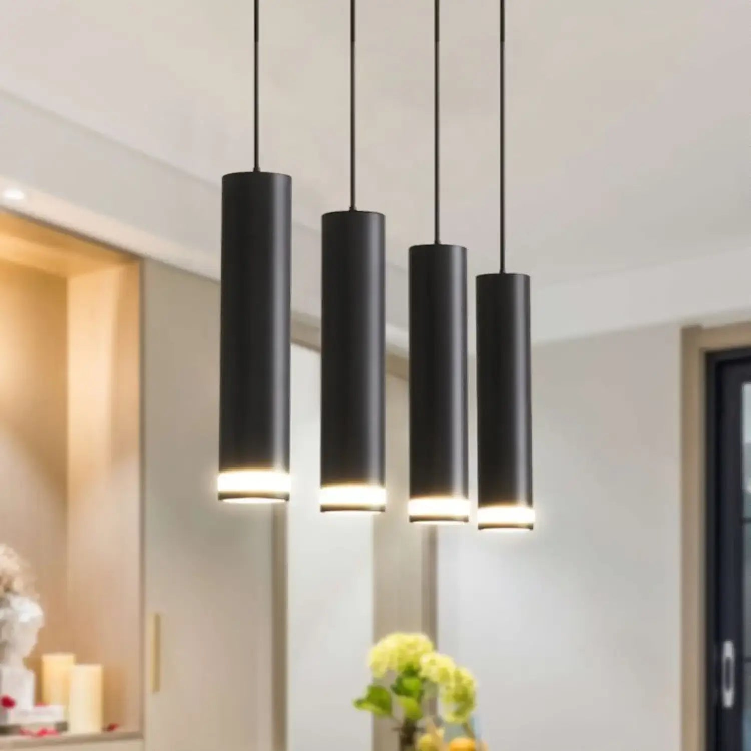 Hanging Light for Modern Kitchen Island with adjustable aluminum spotlights in sleek black design.