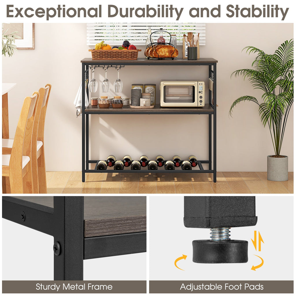 Kitchen Island with 3 Shelves Wine Glass Holders and 10 Hooks-Gray