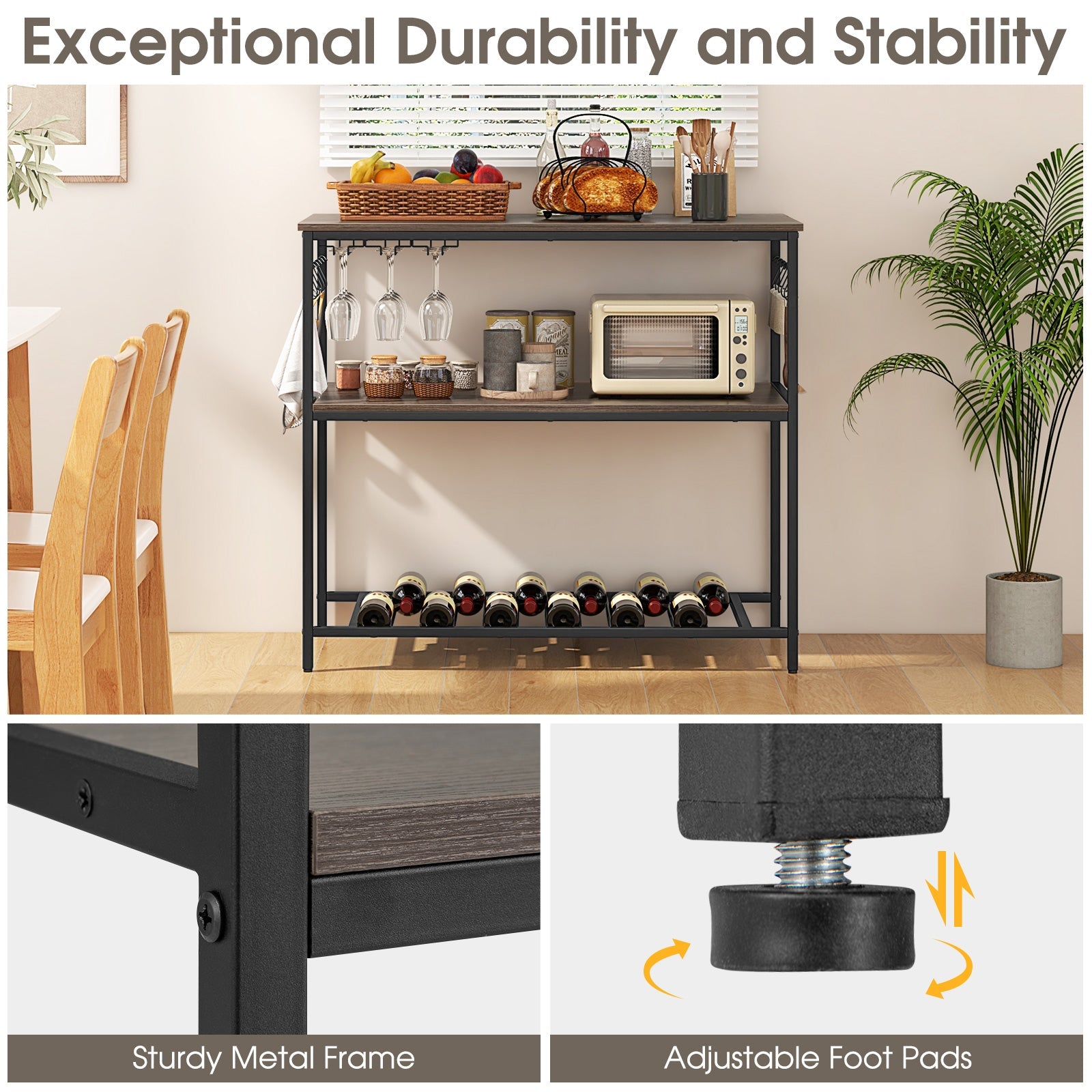 Kitchen Island with 3 Shelves Wine Glass Holders and 10 Hooks-Gray