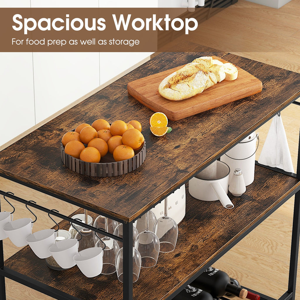 3 Shelves Kitchen Island Industrial Prep Table with Bottom Wine Rack-Rustic Brown
