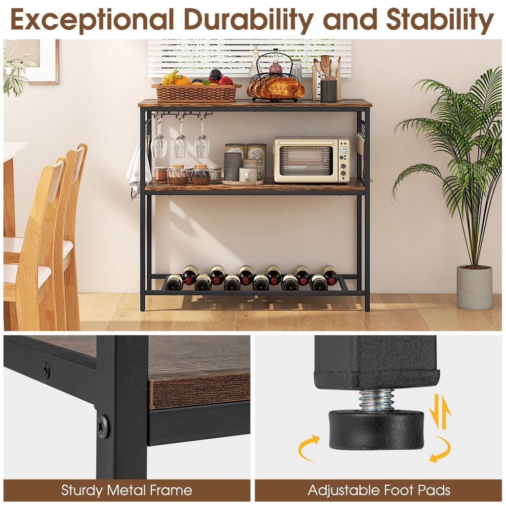 3 Shelves Kitchen Island Industrial Prep Table with Bottom Wine Rack-Rustic Brown