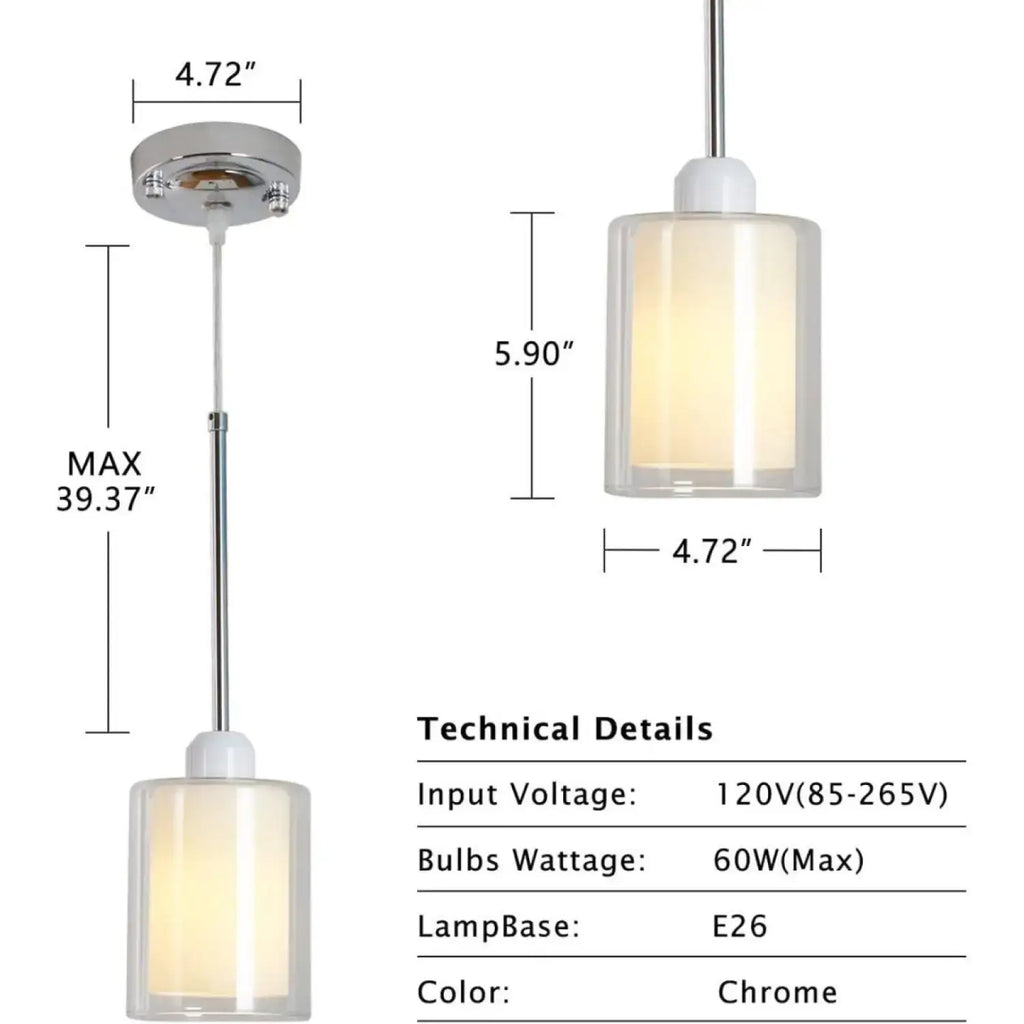 Modern Glass Pendant Light with Chrome Nickel Finish for Kitchen Island - dimensions and technical details