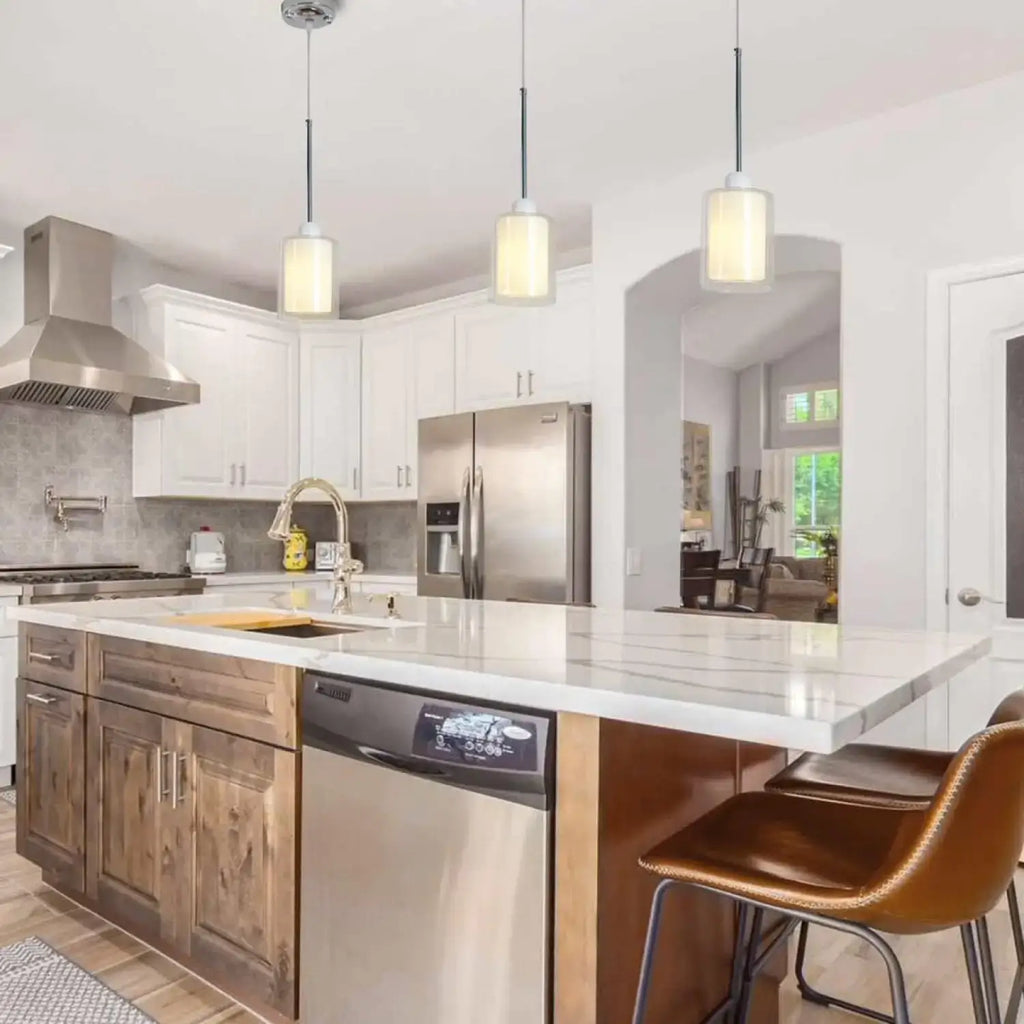 Modern Glass Pendant Light with Chrome Nickel Finish for Kitchen Island illuminating a stylish kitchen space.