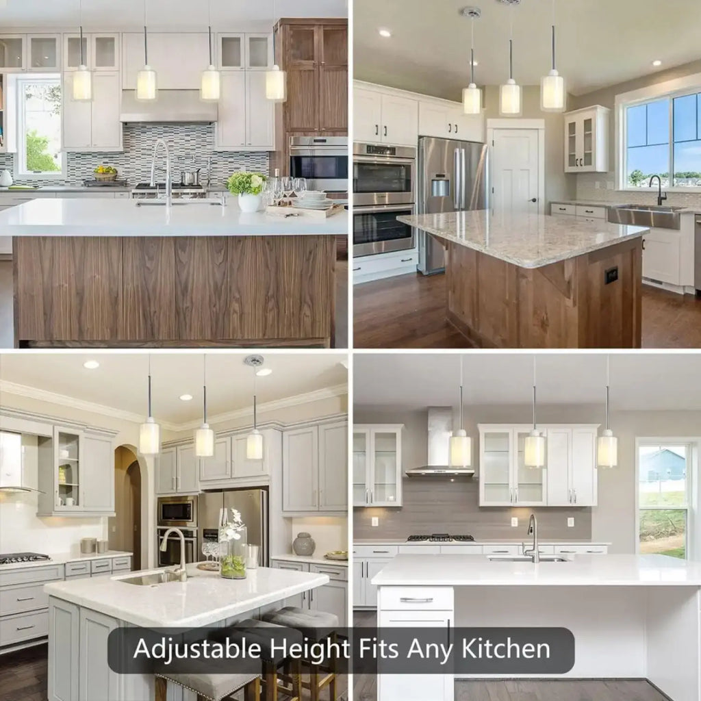 Modern Glass Pendant Light with Chrome Nickel Finish for Kitchen Island in various kitchen settings.