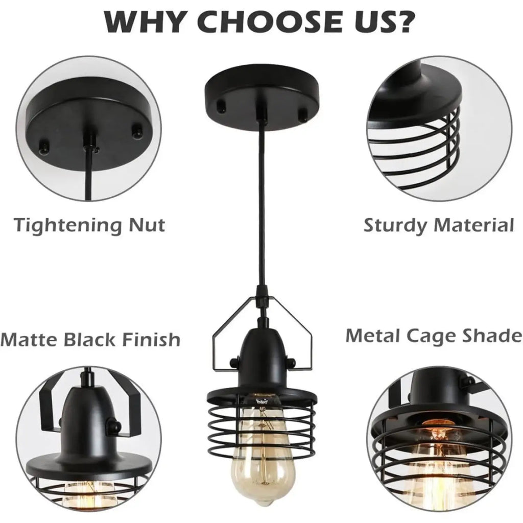 Pendant Light Kitchen Island – Industrial Black Metal Cage Fixture
