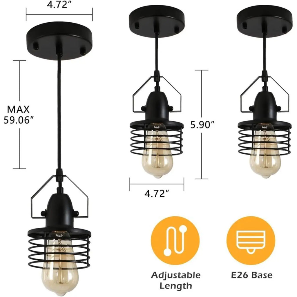 Pendant Light Kitchen Island – Industrial Black Metal Cage Fixture