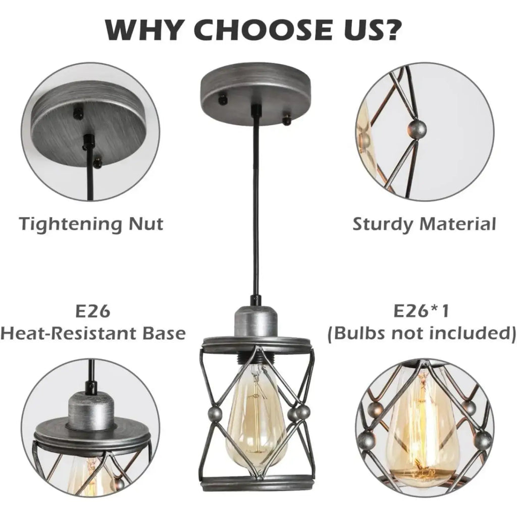 Rustic Silver Metal Pendant Hanging Lights Kitchen w/ Adjustable LEDs features sturdy materials and heat-resistant E26 base.
