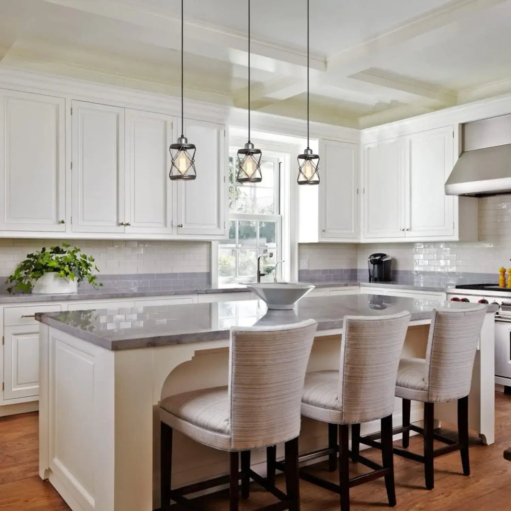 Rustic Silver Metal Pendant Hanging Lights Kitchen w/ Adjustable LEDs illuminating a modern kitchen space.