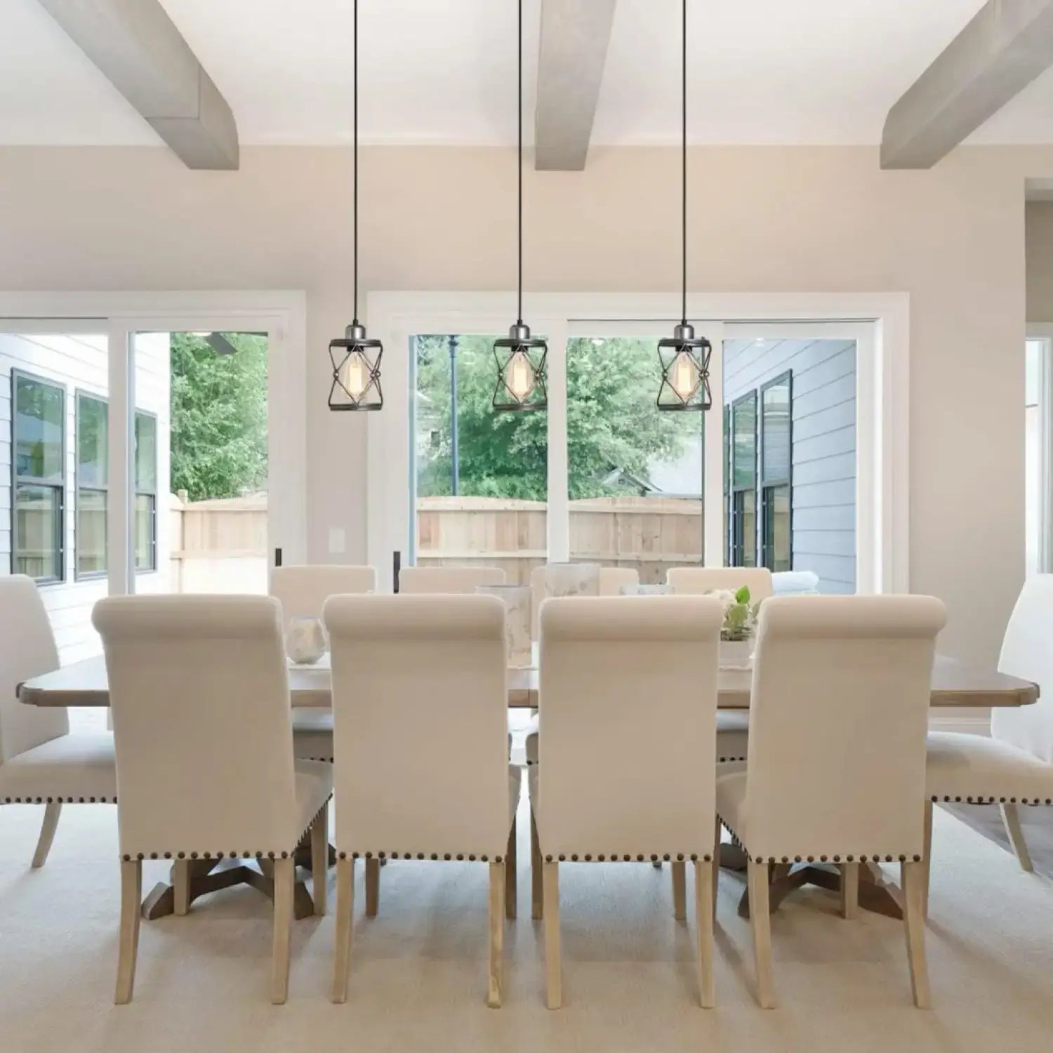 Rustic Silver Metal Pendant Hanging Lights Kitchen w/ Adjustable LEDs illuminating a modern dining area.