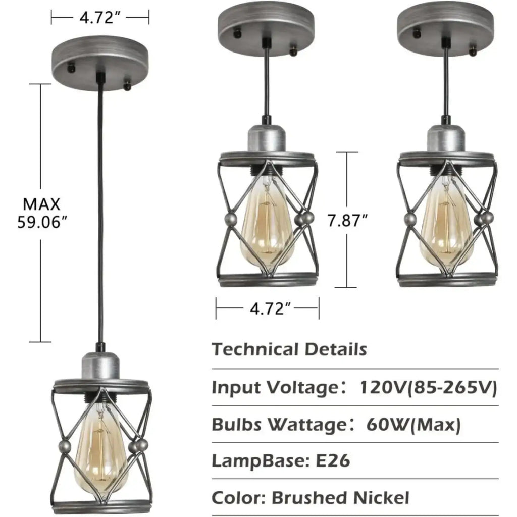 Rustic Silver Metal Pendant Hanging Lights Kitchen w/ Adjustable LEDs with brushed nickel finish and conical shades.