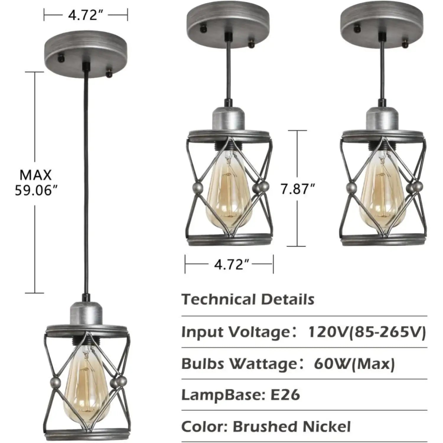 Rustic Silver Metal Pendant Hanging Lights Kitchen with Adjustable LED Lamp