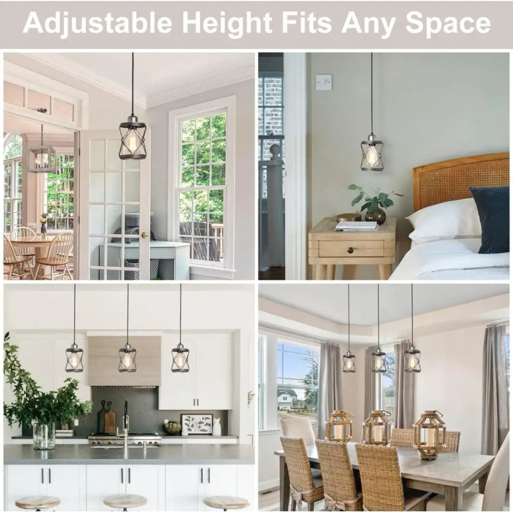 Rustic Silver Metal Pendant Hanging Lights Kitchen w/ Adjustable LEDs in various home settings showcasing adjustable height.