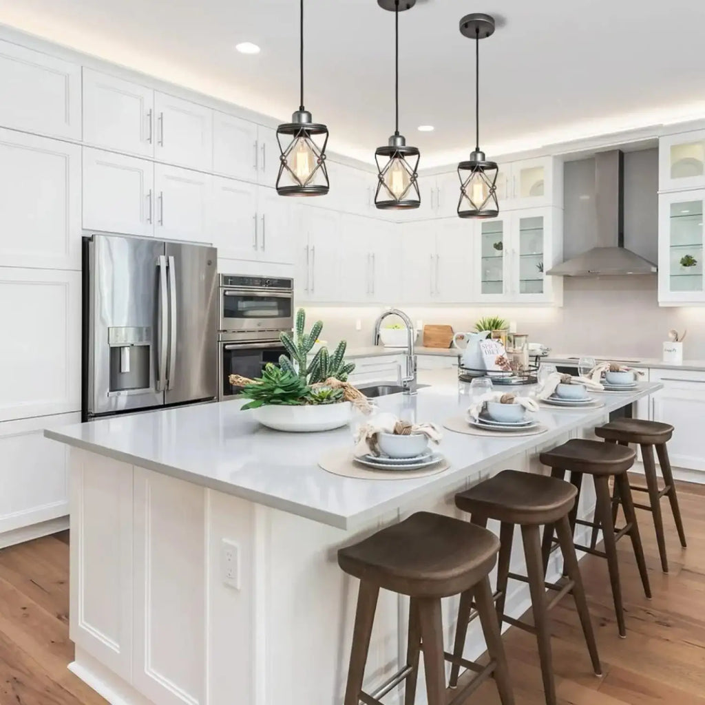 Rustic Silver Metal Pendant Hanging Lights Kitchen w/ Adjustable LEDs illuminating a modern kitchen island with stylish seating.