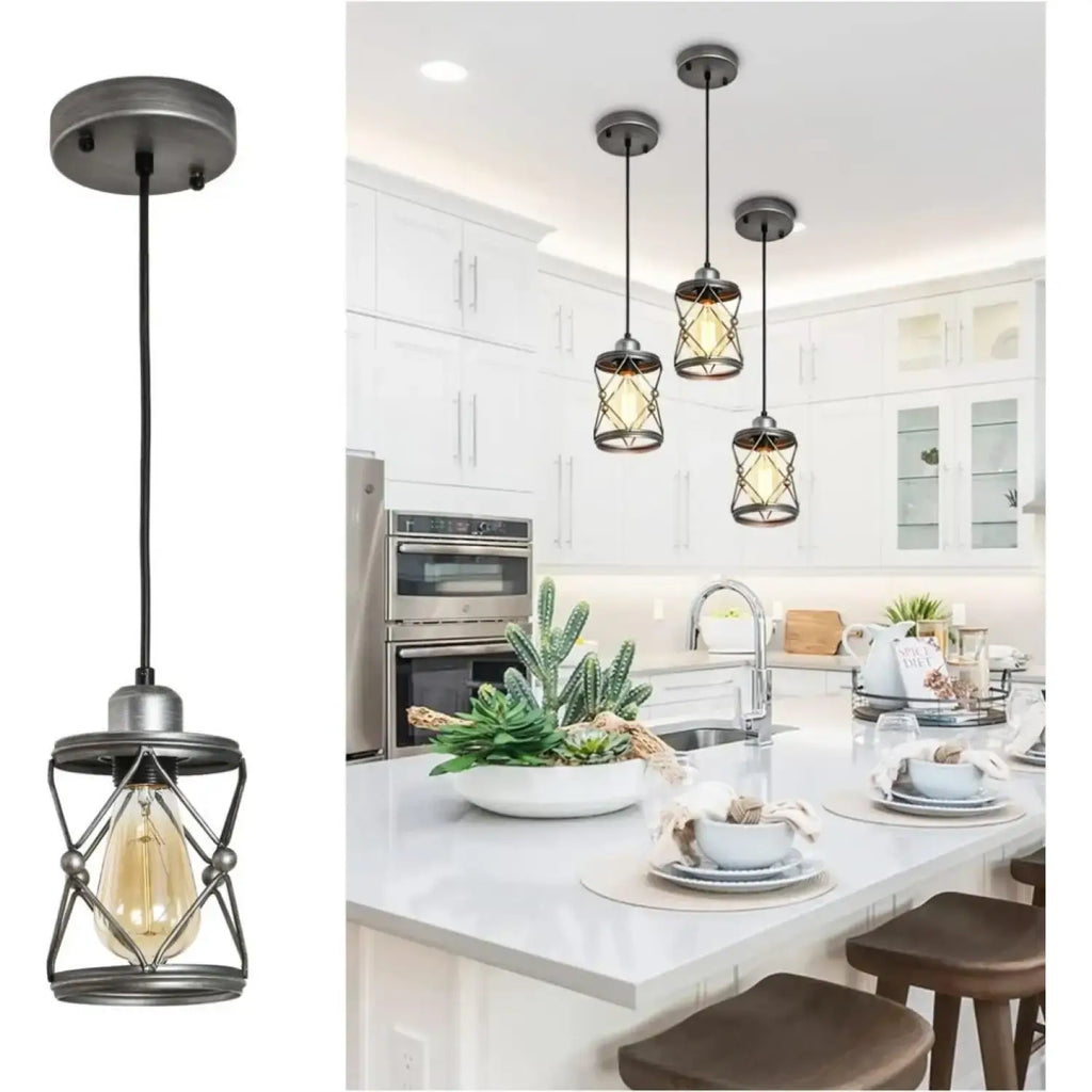 Rustic Silver Metal Pendant Hanging Lights Kitchen w/ Adjustable LEDs in modern kitchen setting with island and decor.