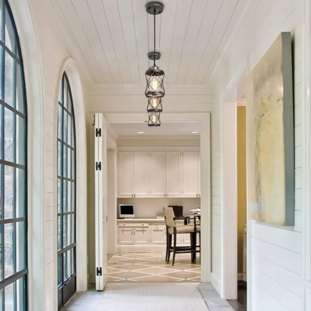 Rustic Silver Metal Pendant Hanging Lights Kitchen w/ Adjustable LEDs illuminating a stylish hallway.