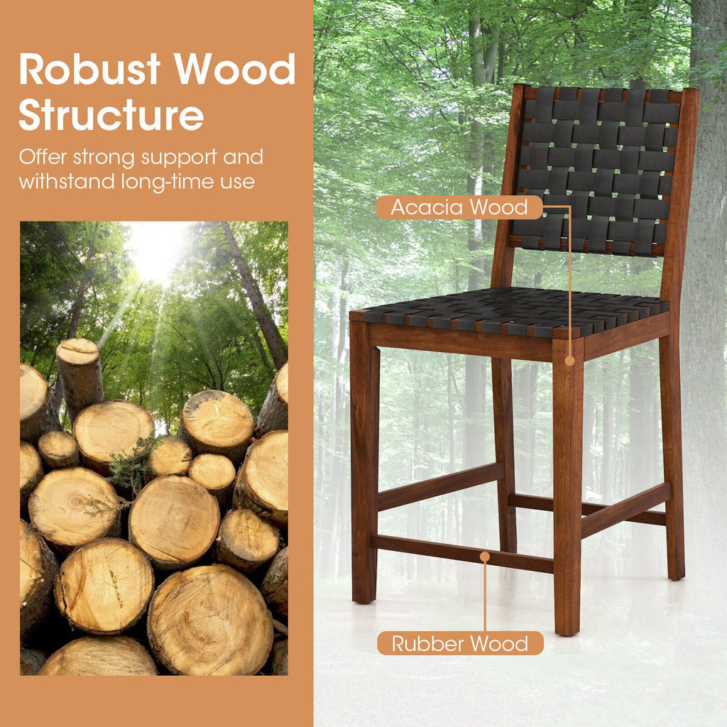 Set of 2 Woven Bar Stools with Faux PU Leather Straps-Black