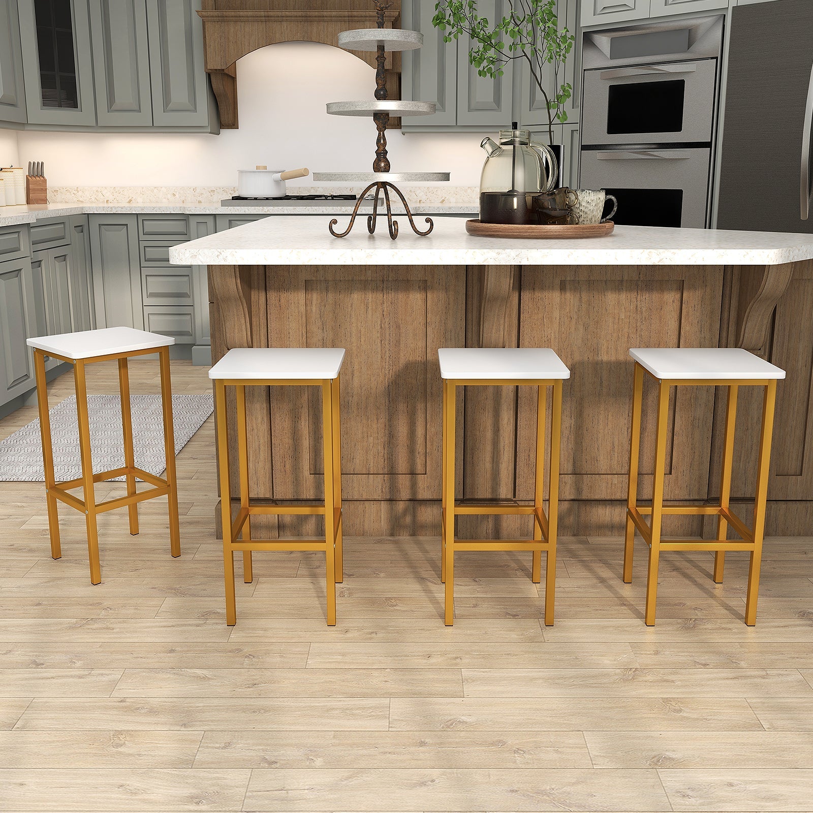 Set of 4 Bar Stool Set 26 Inch Bar Chair with Metal Legs and Footrest-White