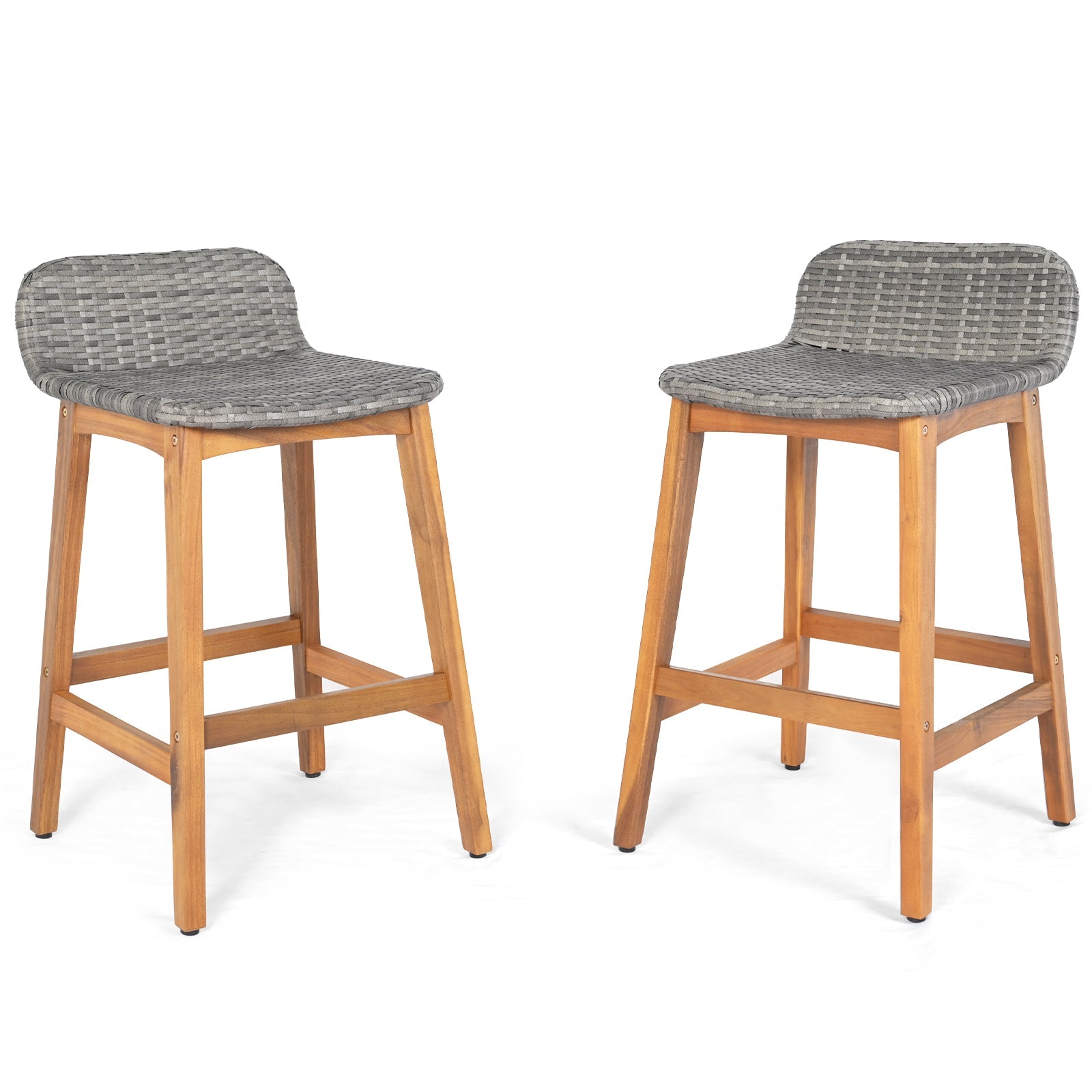 Solid Acacia Wood Bar Stools Set of 2 with Backrests and Footrests for Porch-Gray