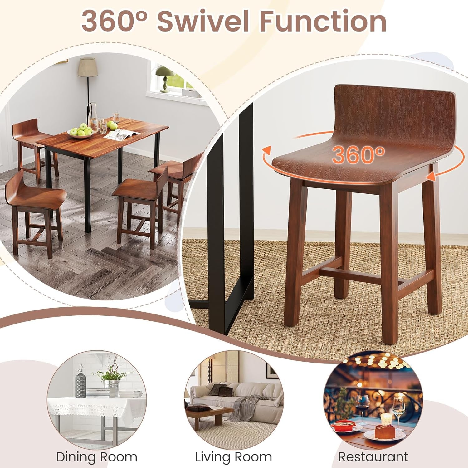 Walnut Swivel Bar Stools Set Of 4 Counter Height Kitchen