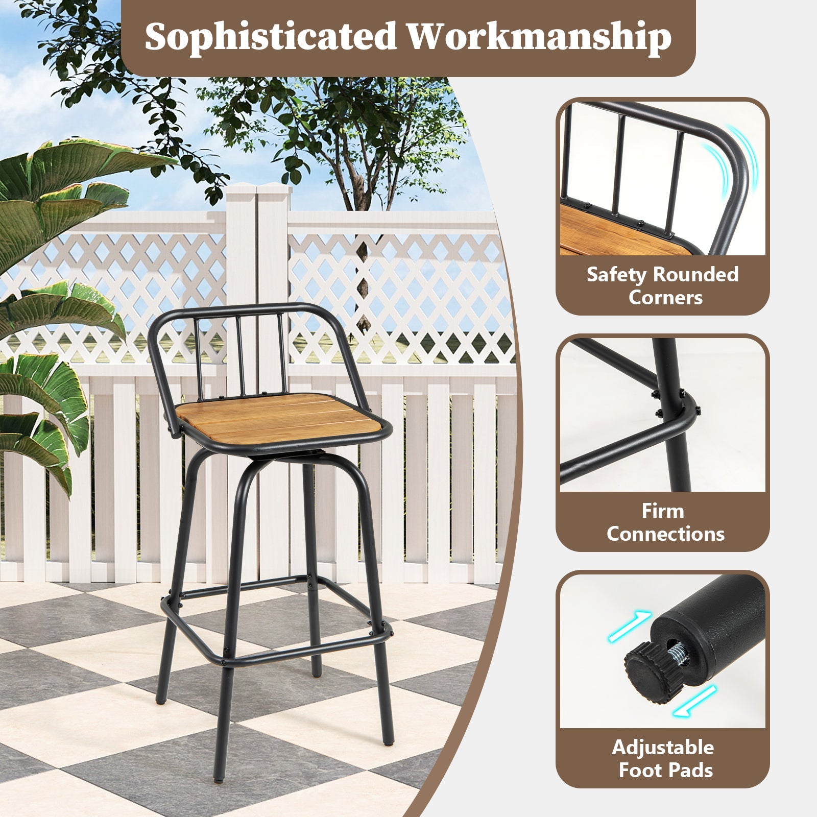 360° Swivel Bar Stool Set of 2 with Footrest and Backrest-Balck & Natural