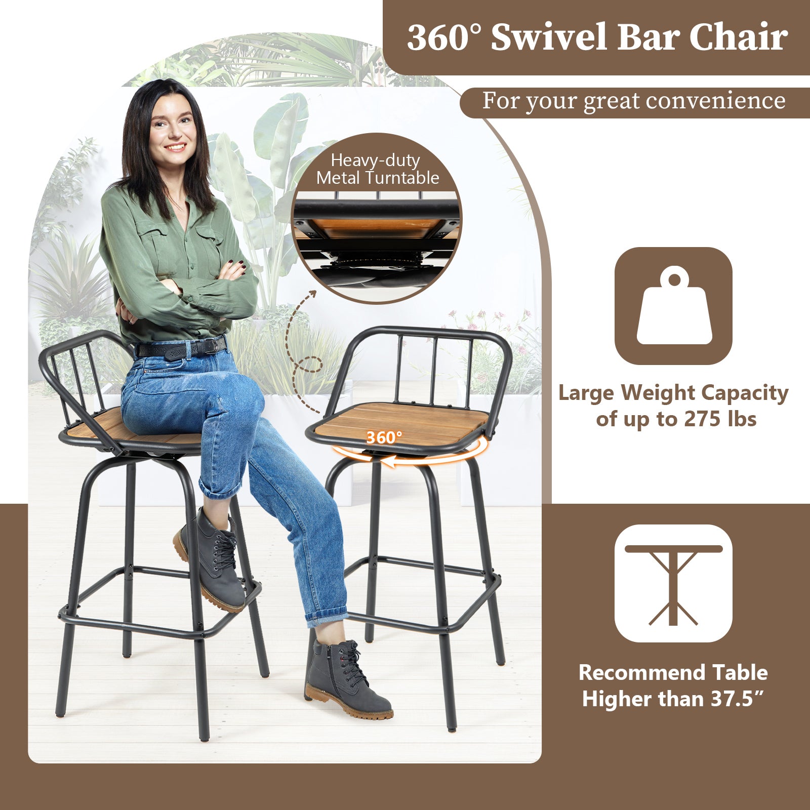 360° Swivel Bar Stool Set of 2 with Footrest and Backrest-Balck & Natural